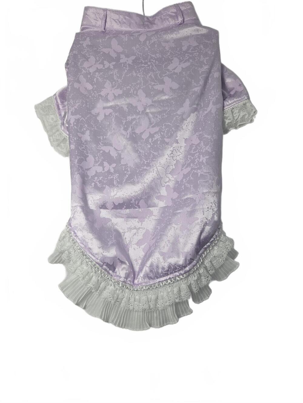 Lavender Butterfly Print Dog Dress with White Lace Trim 3X